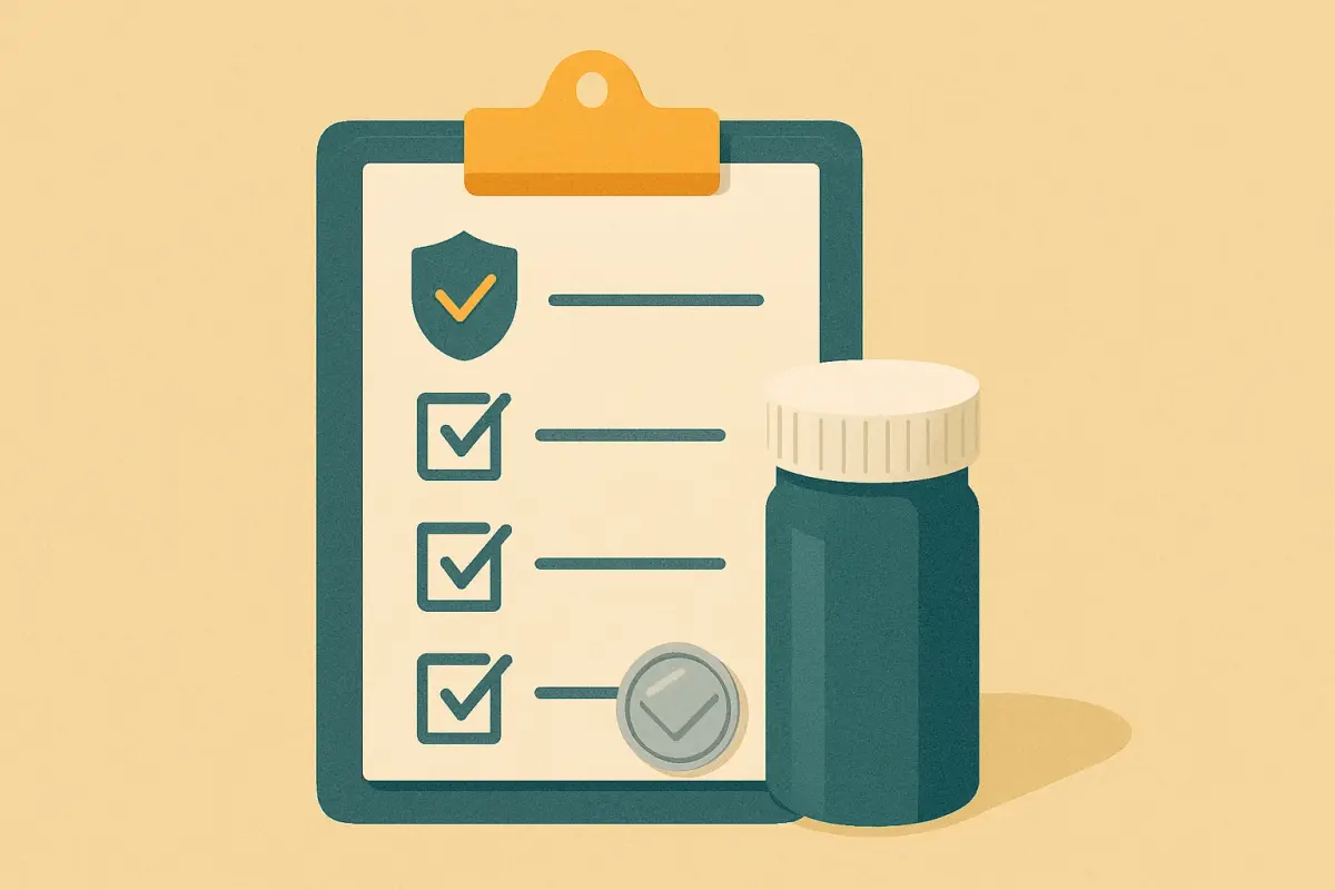 A silver health insurance card on a table beside a pharmacy receipt and a doctor's bill showing a low copay