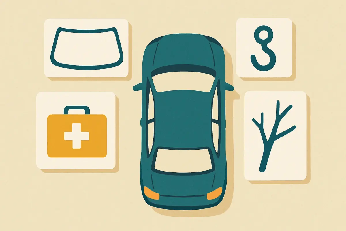 An auto insurance declarations page beside car keys, with sections for liability, collision and comprehensive coverage