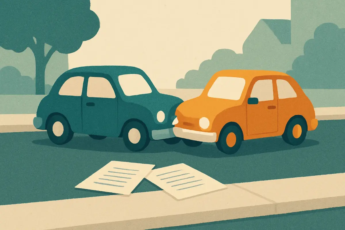 Two cars stopped after a minor collision on a city street while the drivers exchange insurance information