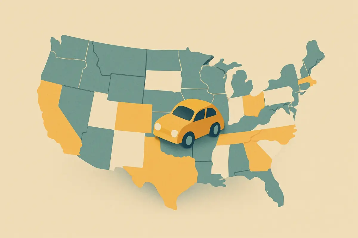 A map of the United States with each state shaded, next to an auto insurance card showing liability limits